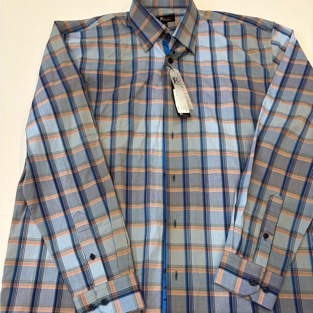 NWT Mens Large Jon Randall Plaid Dress Shirt. Color Tan/blue/orange.